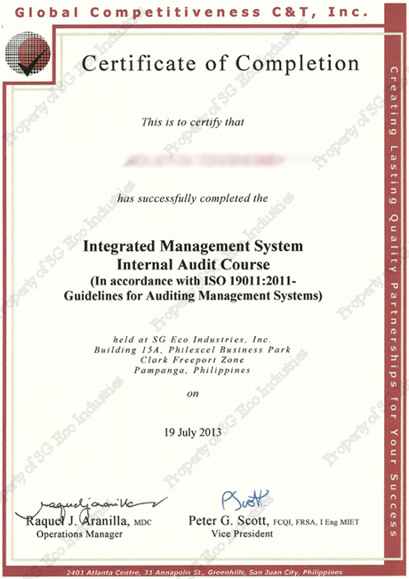 ISO Internal Auditors Certificate